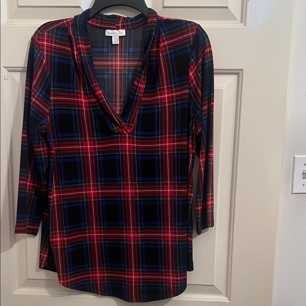 Charter Club Red and Blue Plaid V-Neck Blouse